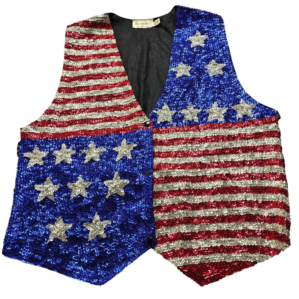 Hurry‎ Up! American Flag Sequin Vest Mens XL Patriotic Stars Stripes Multicolor